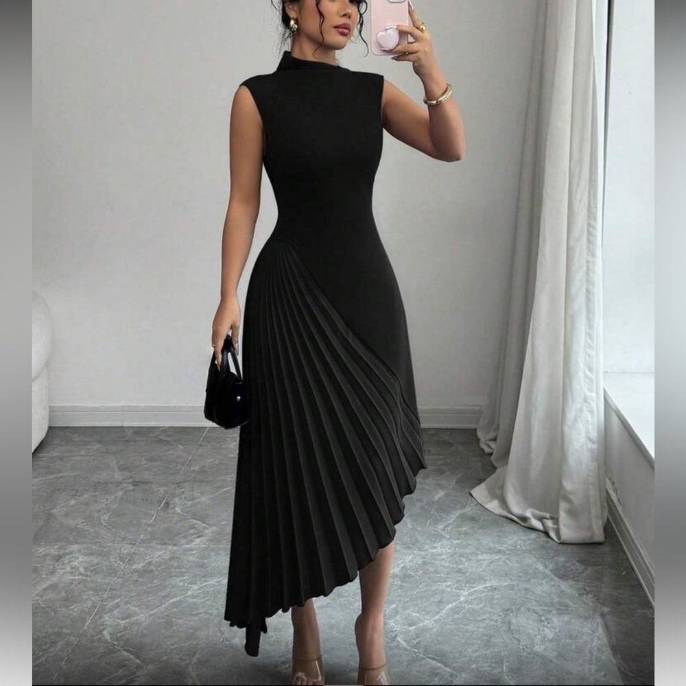 Luxe asymmetrical pleated collar sheath dress